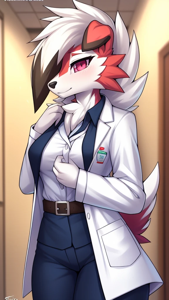 By zinfyu,by twistedscarlet60, uploaded on pixiv, by fluff-kevlar, (masterpiece), (best quality), (solo female:1.2), (extremely detailed:1.3),(detailed eye,black circle on eye,pink eye), lycanroc midnight, view on viewer, close view, shy face, half body on potrait, only body and head, close view, wearing doctor uniform, doctor costume, white uniform,hospital logo, hospital logo on uniforn, cosplaying,out side hospital, Hospital, (tail:1.1), closeup photo of lycanroc, adult body posture, 