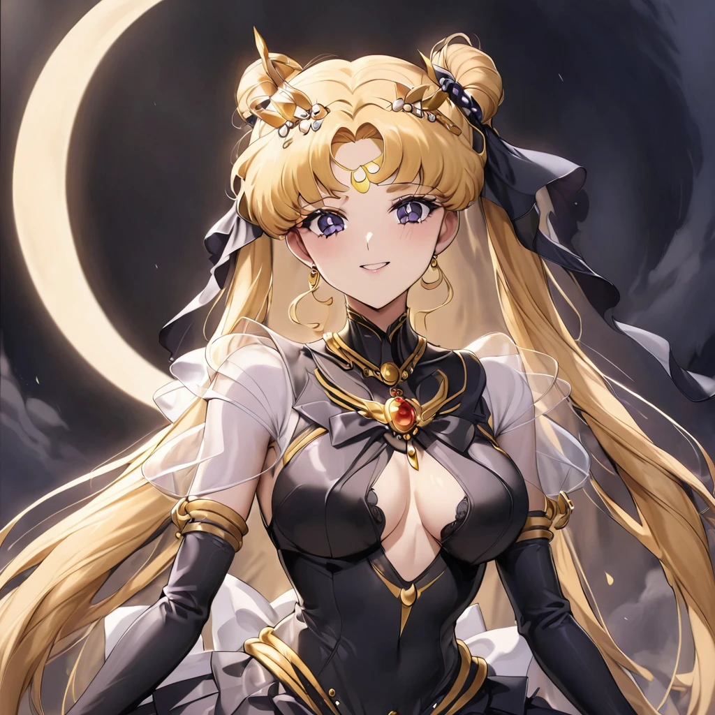 ((Highest quality)), ((masterpiece)), (detailed), (Perfect Face)、Black moon mark on forehead、The woman is Black Serenity, the noble dark queen of the Black Moon clan and has blonde hair.2The woman with long hair tied up is Princess Serenity、The woman has a black inverted crescent moon mark on her forehead, a gorgeous and glittering black gothic Victorian dress, a black veil and a black see-through cape, and is wearing luxurious jeweled accessories. She is the Queen of Darkness, the jet-black Princess Serenity, looking at the camera with a happy expression, and has the expression of a maiden in love.