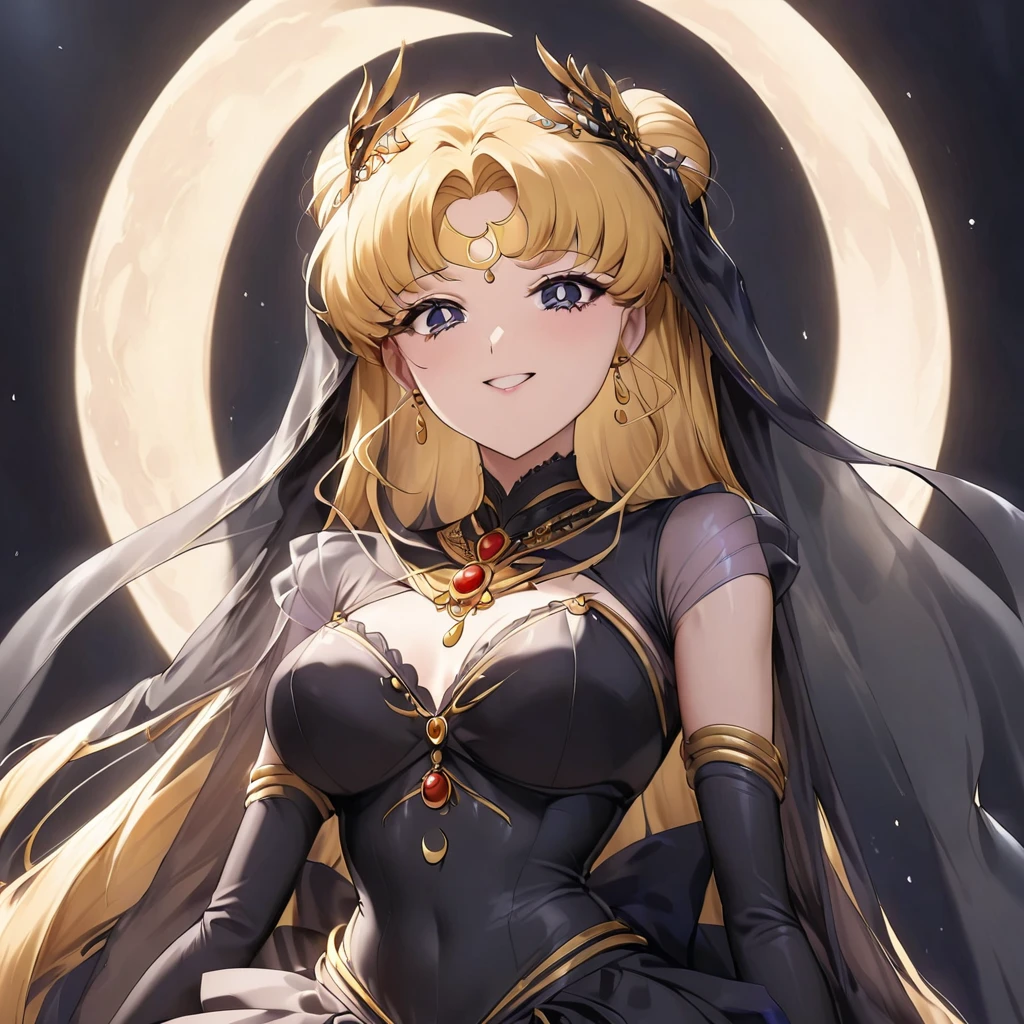 ((Highest quality)), ((masterpiece)), (detailed), (Perfect Face)、Black moon mark on forehead、The woman is Black Serenity, the noble dark queen of the Black Moon clan and has blonde hair.2The woman with long hair tied up is Princess Serenity、The woman has a black inverted crescent moon mark on her forehead, a gorgeous and glittering black gothic Victorian dress, a black veil and a black see-through cape, and is wearing luxurious jeweled accessories. She is the Queen of Darkness, the jet-black Princess Serenity, looking at the camera with a happy expression, and has the expression of a maiden in love.