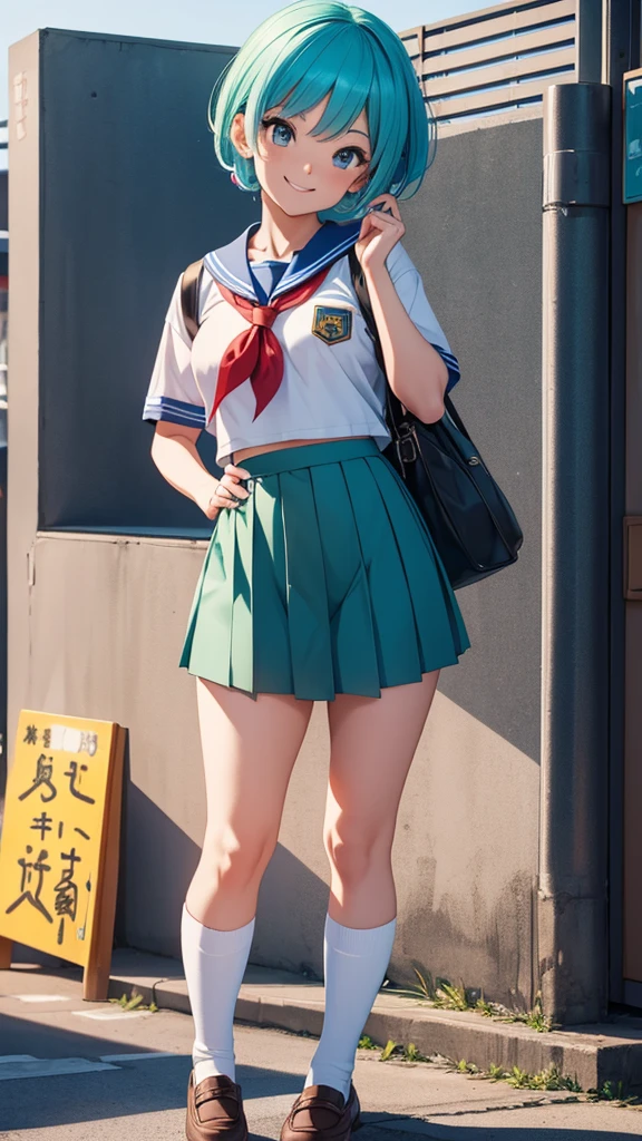 8K, bulma, Full Body, Sailor Fuku, Japanese School Background, Smiling