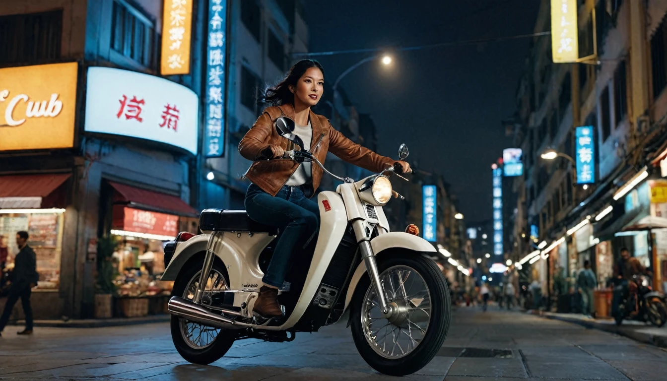 score_9, score_8_up, score_7_up, source_photo, photography, photorealistic, detailed, rating safe, front view, very wide shot, super cub runs the night city, rider is a woman holding a katana, masterpiece, best quality, 8k,