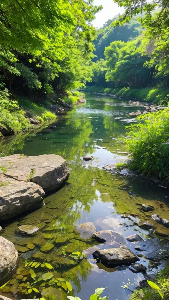 green々Tree々A clear stream surrounded by。The water in the river is clear、You can see the stones and small fish on the bottom。Small flowers on the riverbank々blooms、A gentle breeze is blowing。The sunlight reflects off the water surface, making it sparkle、You can hear the birds chirping all around。Overall peaceful and relaxing atmosphere。