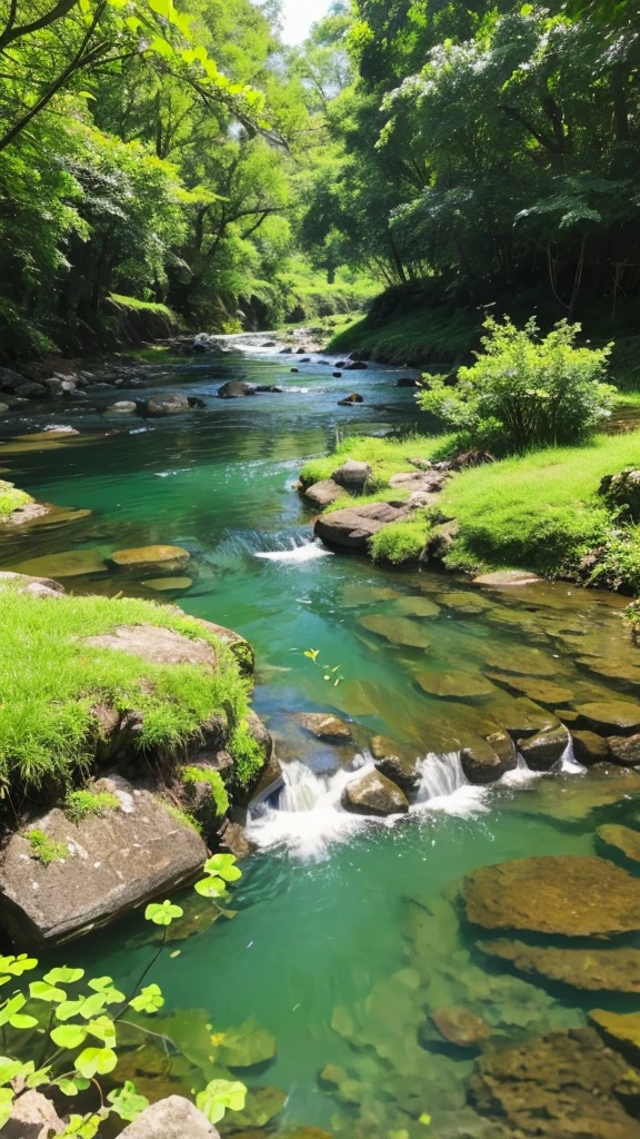 green々Tree々A clear stream surrounded by。The water in the river is clear、You can see the stones and small fish on the bottom。Small flowers on the riverbank々blooms、A gentle breeze is blowing。The sunlight reflects off the water surface, making it sparkle、You can hear the birds chirping all around。Overall peaceful and relaxing atmosphere。