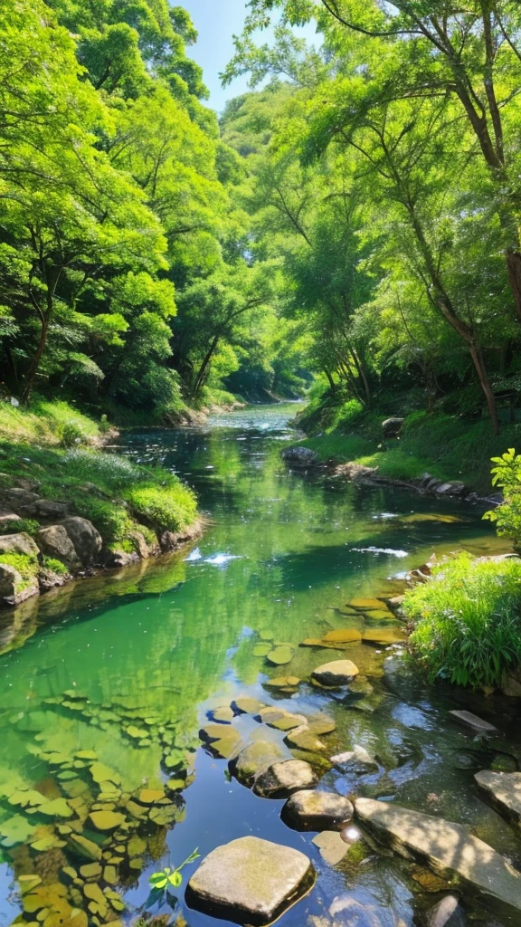 green々Tree々A clear stream surrounded by。The water in the river is clear、You can see the stones and small fish on the bottom。Small flowers on the riverbank々blooms、A gentle breeze is blowing。The sunlight reflects off the water surface, making it sparkle、You can hear the birds chirping all around。Overall peaceful and relaxing atmosphere。