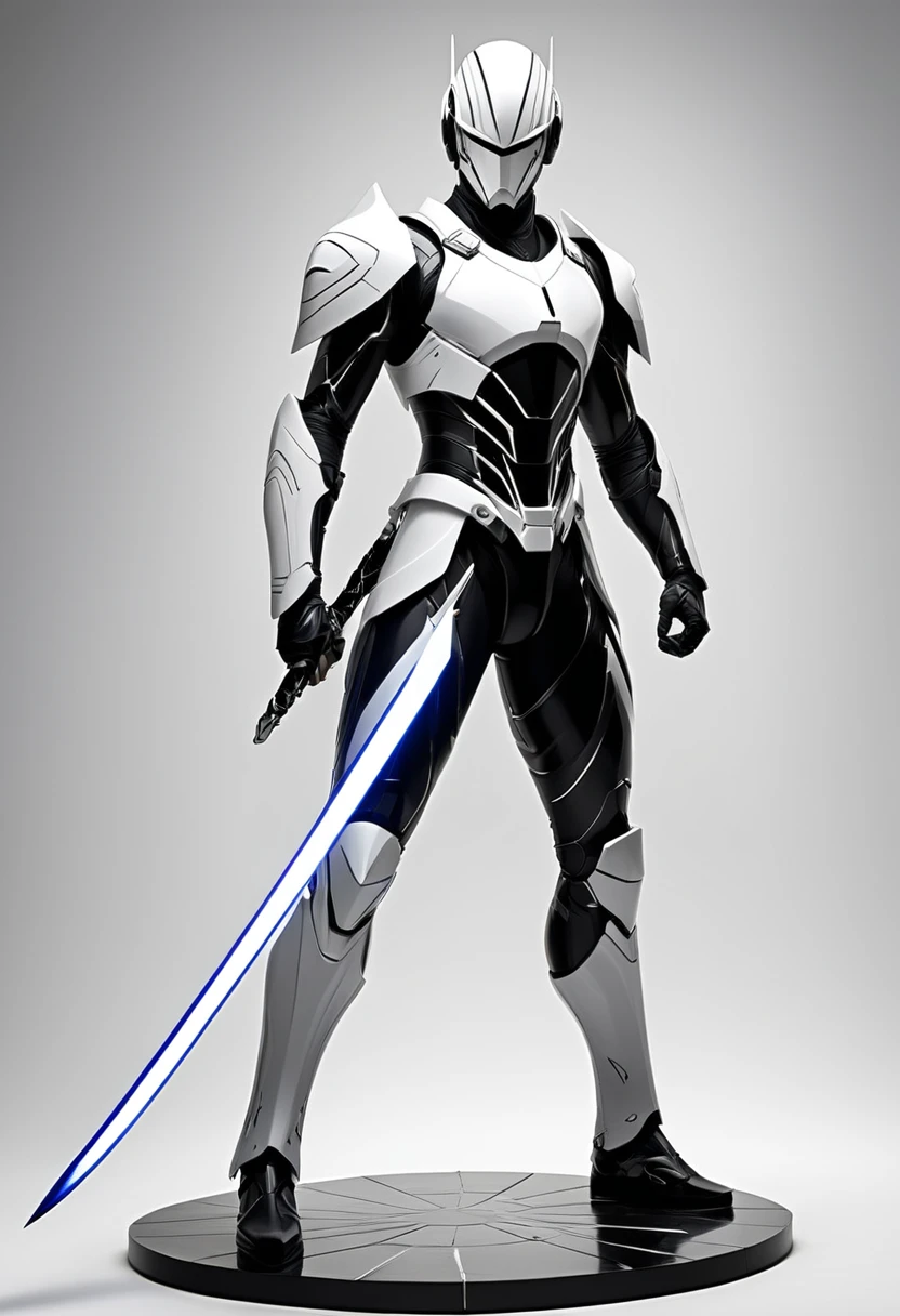 In a future dark and white as porcelain, a relentless warrior emerges, his body painted in shades of black and white, a combination of elegance and lethality. The fusion of darkness and purity reflects the duality of his existence, a mix of humanity and machine.
in attack position, This warrior from the future stands out in the darkness, his black cybernetic armor standing out against porcelain white skin.. Every detail of its appearance is meticulously designed, inspired by minimalism and the strength of contrasts. His face, framed by black hair, exudes determination and mystery.
Holding his power saber in one hand, the white light emanating from the blade cuts through the darkness, leaving a trail of flashes that mark their combat position. The elegance of his movement contrasts with the brutality of his attack. With a balanced and agile posture, prepares to face the threats of the dystopian future.
