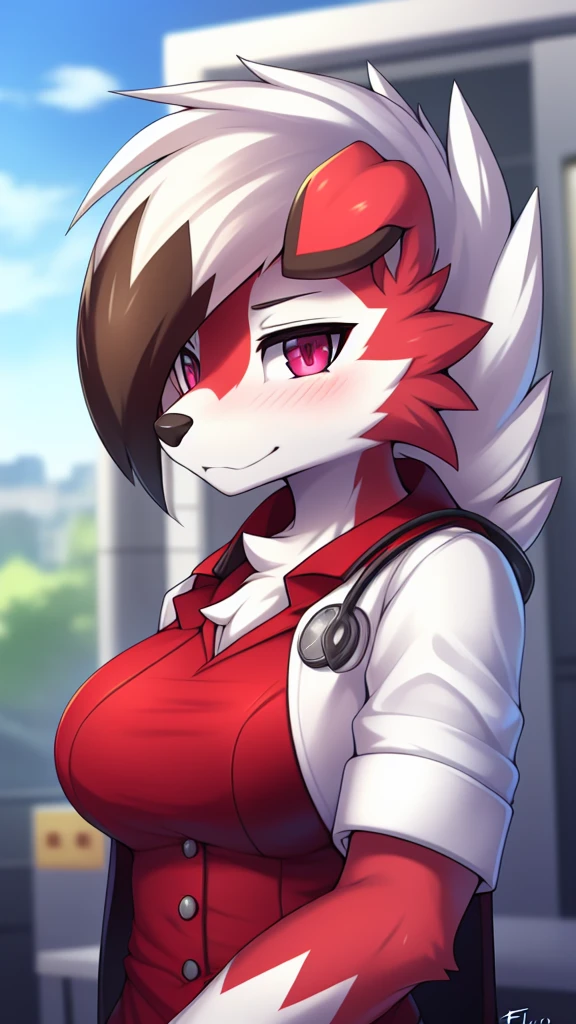 By zinfyu,by twistedscarlet60, uploaded on pixiv, by fluff-kevlar, (masterpiece), (best quality), (solo female:1.2), (extremely detailed:1.3),(detailed eye,black circle on eye,pink eye), lycanroc midnight, view on viewer, close view, shy face, half body on potrait, only body and head, close view, wearing doctor cloak, doctor costume, white uniform,hospital logo, hospital logo on uniforn, cosplaying,out side hospital, Hospital, (tail:1.1), closeup photo of lycanroc, adult body posture,
