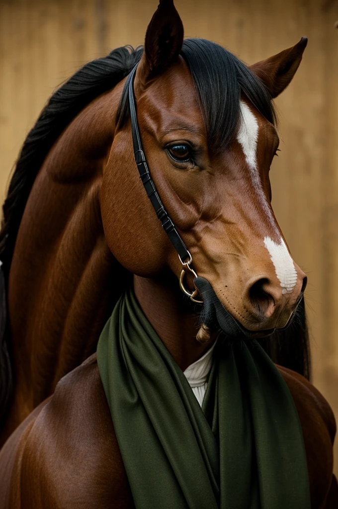 A portrait inspired by the 1800s of a pale-skinned man, long dark brown horse tied to a low ponytail. With a straight nose; serious expression but pious and loving look; elongated and defined jaw; eyes the color of honey; trousseau of dark green frock coat and light yellow shirt