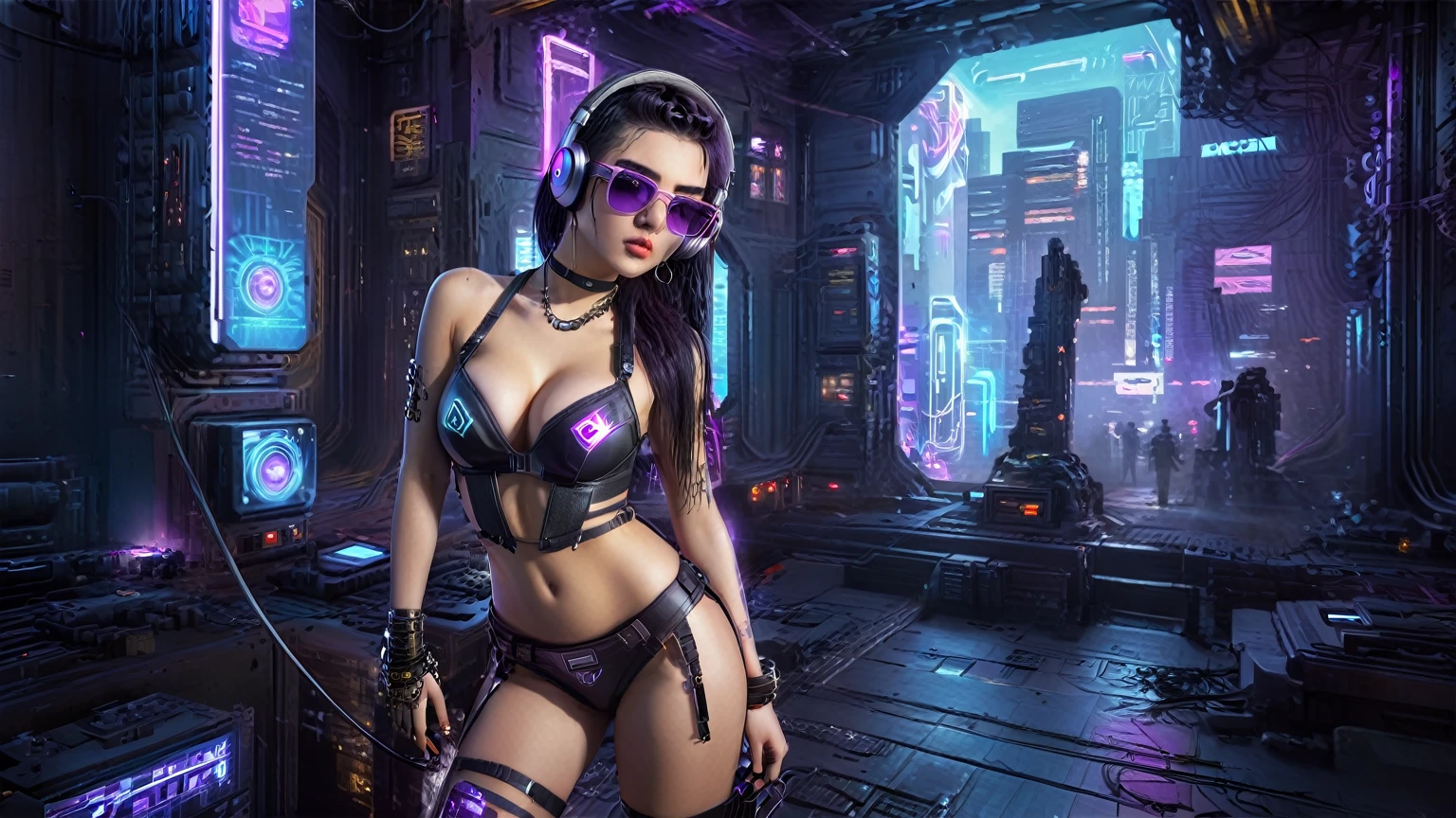 masterpiece, best quality, high resolution, 8k, (Portrait Photos:1.5), (R Original Photo), real picture, Digital Photography, (A fusion of cyberpunk and fantasy), 20 year old girl, solo, (((black sunglasses, headphone))), Feel free to hairstyle, Purple Eyes, By Bangs, (large breasts, cleavage, Accessories, Elegant and charming, Combination of cyberpunk and fantasy style clothing, Hollow carving design, Photo poses, Realistic style, (((((((pistol shooting pose))))))), oc render reflection texture, sentry, (((((Cyberpunk style future city, Moai style buildings))))), night, Bustling streets, (((((half-body (thigh level) medium shot))))).
