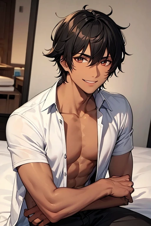 Men, black hair, messy hair, tan colour skin, sharp gaze, smile.