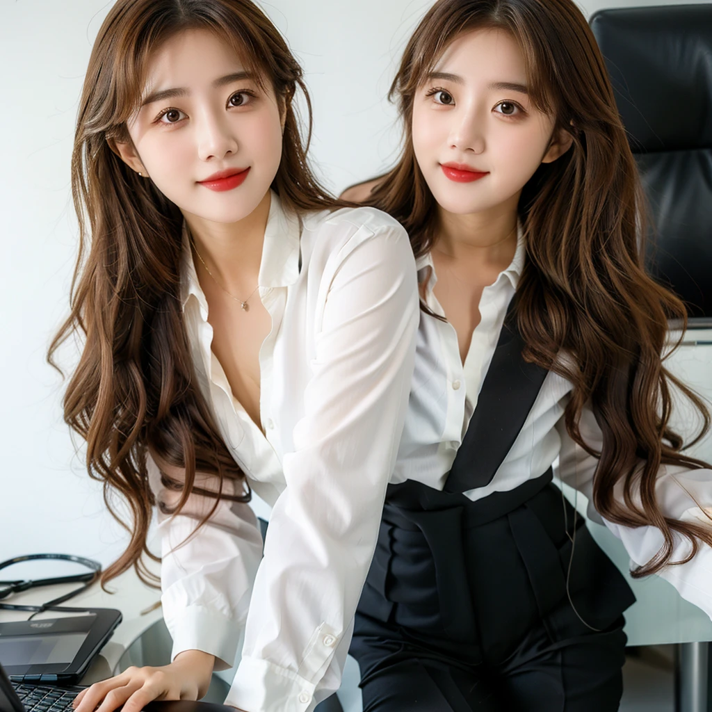 Create a high-quality, realistic image of Ms. Lyna, a beautiful and youthful 27-year-old woman, working in a modern office. She is dressed in fashionable business attire, smiling as she works on a laptop with marketing documents on the desk