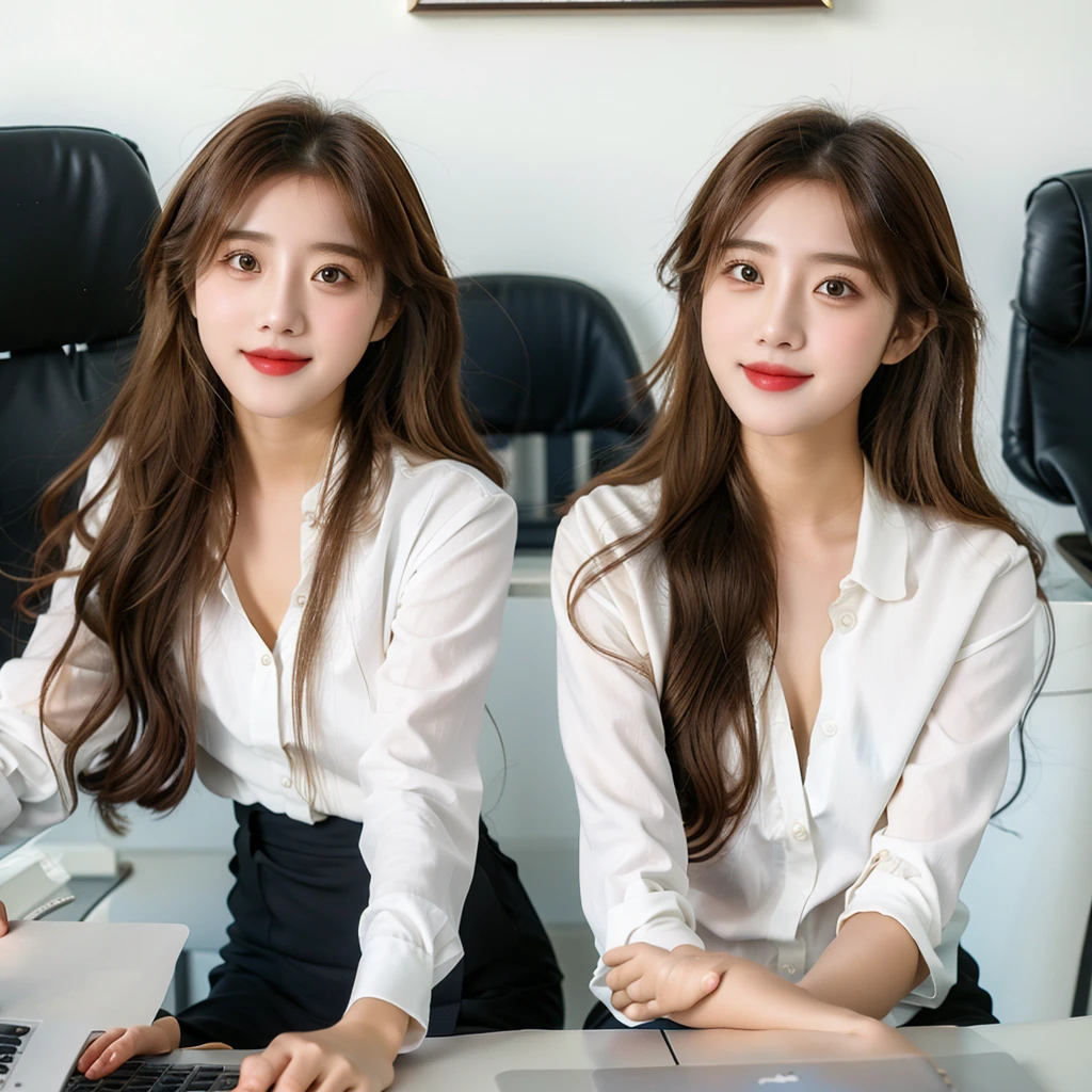 Create a high-quality, realistic image of Ms. Lyna, a beautiful and youthful 27-year-old woman, working in a modern office. She is dressed in fashionable business attire, smiling as she works on a laptop with marketing documents on the desk