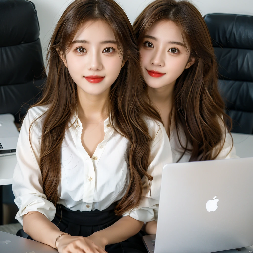 Create a high-quality, realistic image of Ms. Lyna, a beautiful and youthful 27-year-old woman, working in a modern office. She is dressed in fashionable business attire, smiling as she works on a laptop with marketing documents on the desk