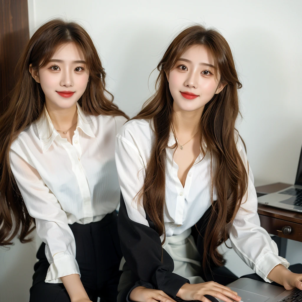 Create a high-quality, realistic image of Ms. Lyna, a beautiful and youthful 27-year-old woman, working in a modern office. She is dressed in fashionable business attire, smiling as she works on a laptop with marketing documents on the desk