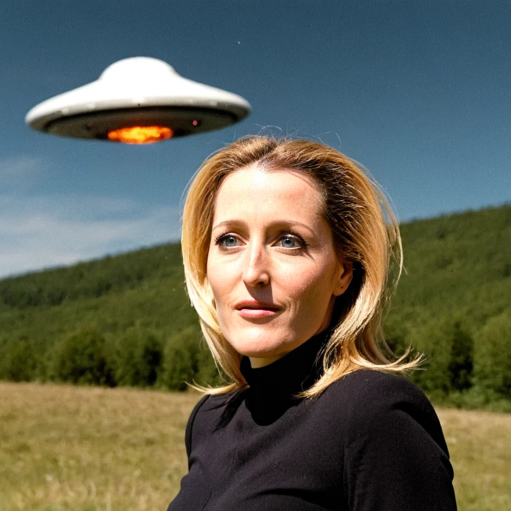 a portrait (Gillianxx:1.2) with a UFO behind, 