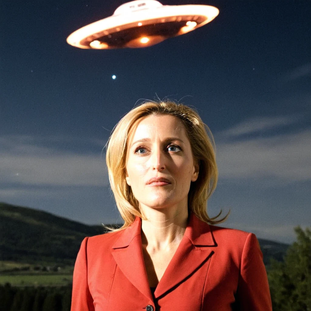 a portrait (Gillianxx:1.2) with a UFO behind, 