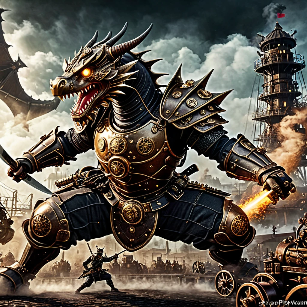 A steampunk-themed battle scene with a samurai in steam-powered armor fighting a dragon made of gears and machinery. The background features an industrial landscape