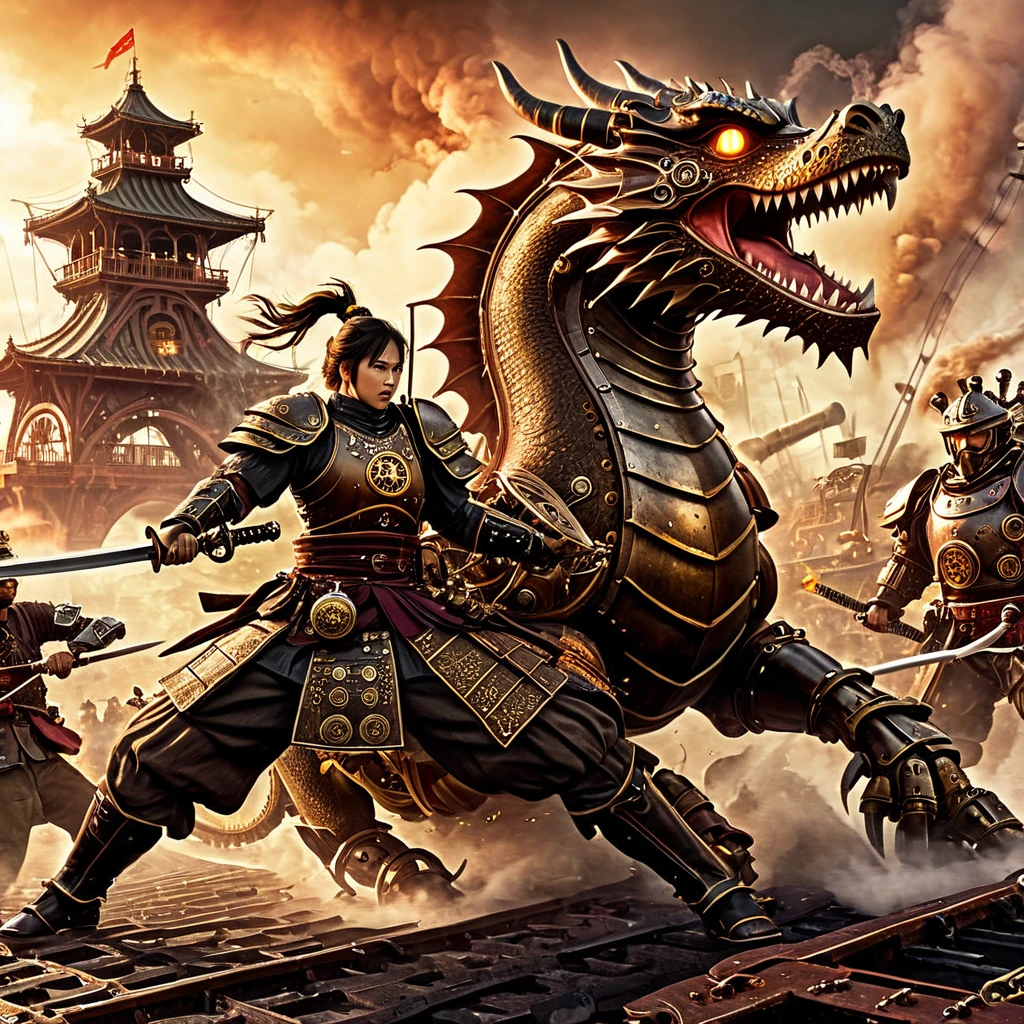 A steampunk-themed battle scene with a samurai in steam-powered armor fighting a dragon made of gears and machinery. The background features an industrial landscape