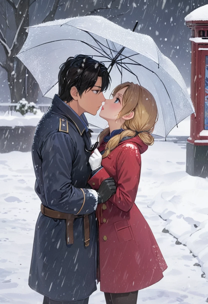 Snowy Days，A girl stands quietly holding an umbrella，Watching the hero and heroine kissing passionately in the snow