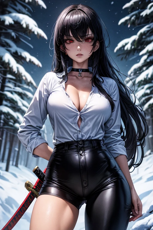 1 woman, woman fighting two zombies, High school girl swordsman, holds a katana in his right hand, long black hair, Red eyes, choker:1.6, captivating look, wearing a white long-sleeved button-down shirt, big breasts, shiny black tight leggings, Snowy forest, snow night, Dark, Moonlight, absurd, high resolution, ultra-sharp, 8k, Masterpiece, front view, looking at the viewer