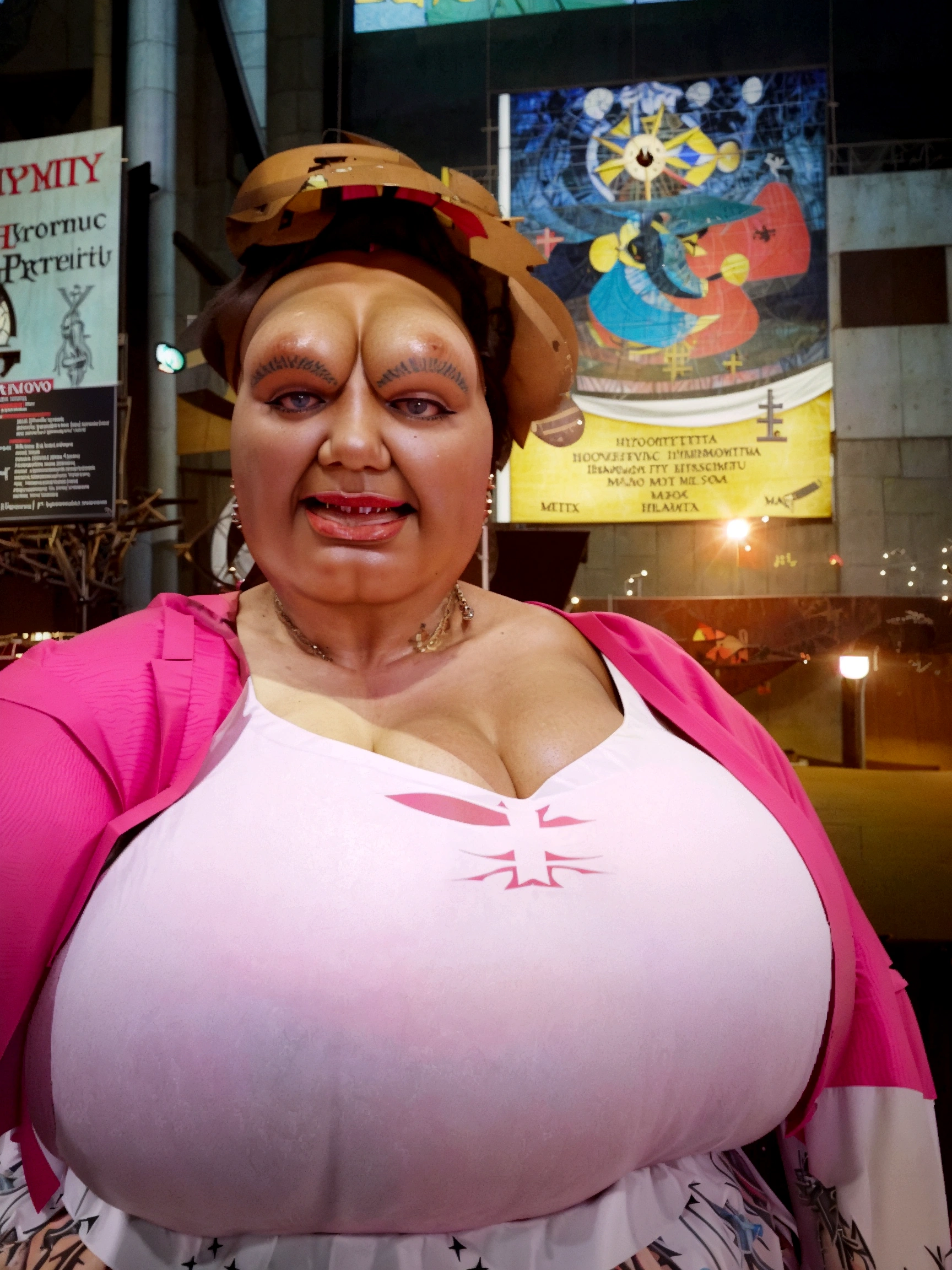 there is a ((black african woman:1.3)) in a dress and glasses posing for a picture, curvaceous. detailed, curvaceous, thicc,exposed massive , alluring plus sized model, ebony, plus size woman, curvaceous. detailed expression, plus size, exposed huge breastses and arfull figurediful thick female, rubenesque, with large breasts, bbw, immaculate com, ((removlothing to completely expose breasts :1.4)),((in a church:1.4)) ,((inable breasts,)),((tits are disproportionately gigar her body:1.(she is wearing heavy makeup,glasses, bright red lipstick, a large cross pendant,clergy collar,and tattoos)), ((she has an extreme case of gigantomastia, macromastia, and breast hypertrophy:1.4)), (extreme-huge black areolas di 12cm),((1woman)),((revealing slutty clothing)isible clothing)),chest up bust shot, bust shot, with large breasts, angelawhite, vanessa blue,with a large breasts, buxom chestely large bust, large breasts, large breasts size