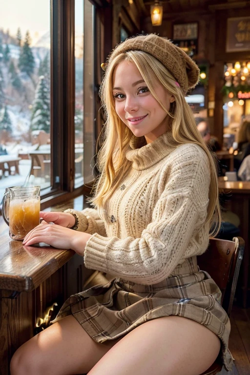 a photorealistic photo of a beautiful girl, blonde hair, sitting at a bar, wearing a winter outfit, hyperrealistic, winter, detailed skin, brown eyes, smiling, pretty, selfie, dynamic pose, side view, looking out a window, her skirt is riding up showing her vagina, no panties