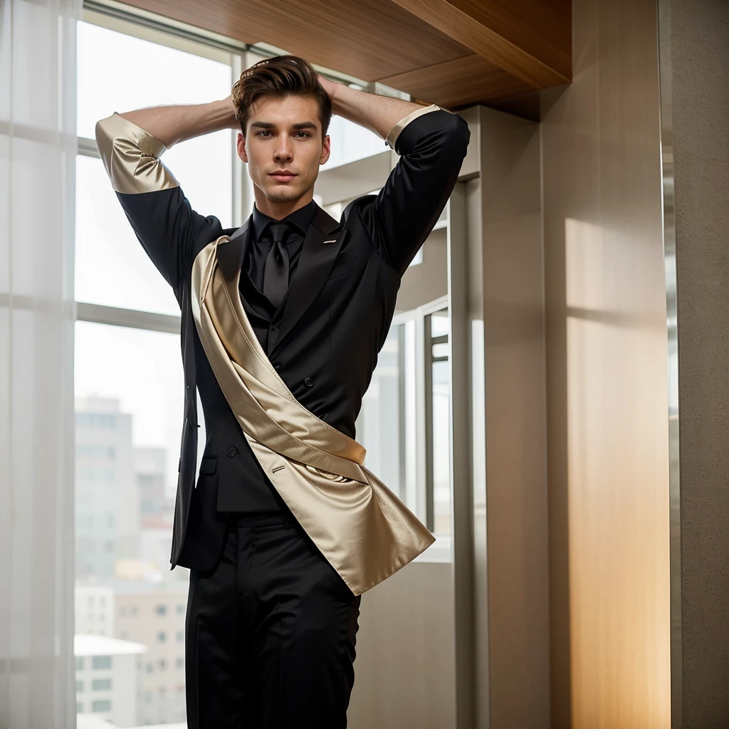 "Generate an influencer named Atlas Drakaster, 25 years old, with green eyes, neatly styled light brown hair, and an elegant demeanor. He is 1.67 meters tall and weighs 150 pounds, with a well-defined athletic build and fair skin. He has a clean-shaven face with normal, attractive features. He wears a sleek, modern black suit that combines designer and vintage elements. The background should be neutral or subtly decorated to highlight his sophisticated and youthful appearance."