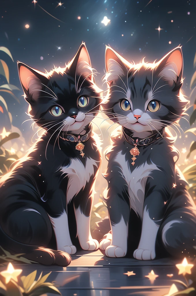 a close up of two cats sitting on a hill under a starr sky, black cats, cats cat dreamcats, cat cat dreamcats, stars in her gazing eyes, night starry sky full of cats, ✨🕌🌙, dark and stars in the background, kittens in outer space, by Kubisi art, by Julia Pishtar, dream animal cute eyes