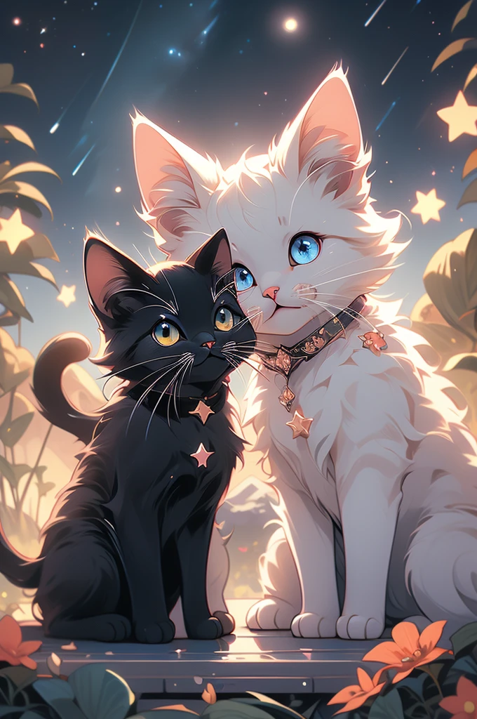 a close up of two cats sitting on a hill under a starr sky, black cats, cats cat dreamcats, cat cat dreamcats, stars in her gazing eyes, night starry sky full of cats, ✨🕌🌙, dark and stars in the background, kittens in outer space, by Kubisi art, by Julia Pishtar, dream animal cute eyes