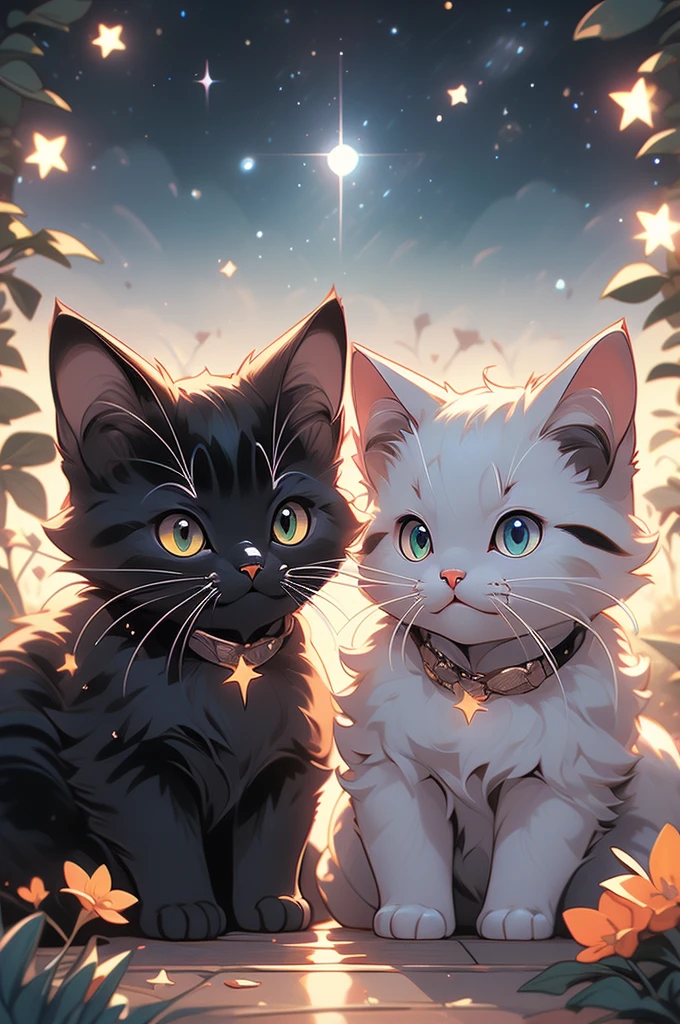 a close up of two cats sitting on a hill under a starr sky, vector art by Kubisi art, tumblr, furry art, black cats, cats cat dreamcats, cat cat dreamcats, stars in her gazing eyes, night starry sky full of cats, ✨🕌🌙, dark and stars in the background, kittens in outer space