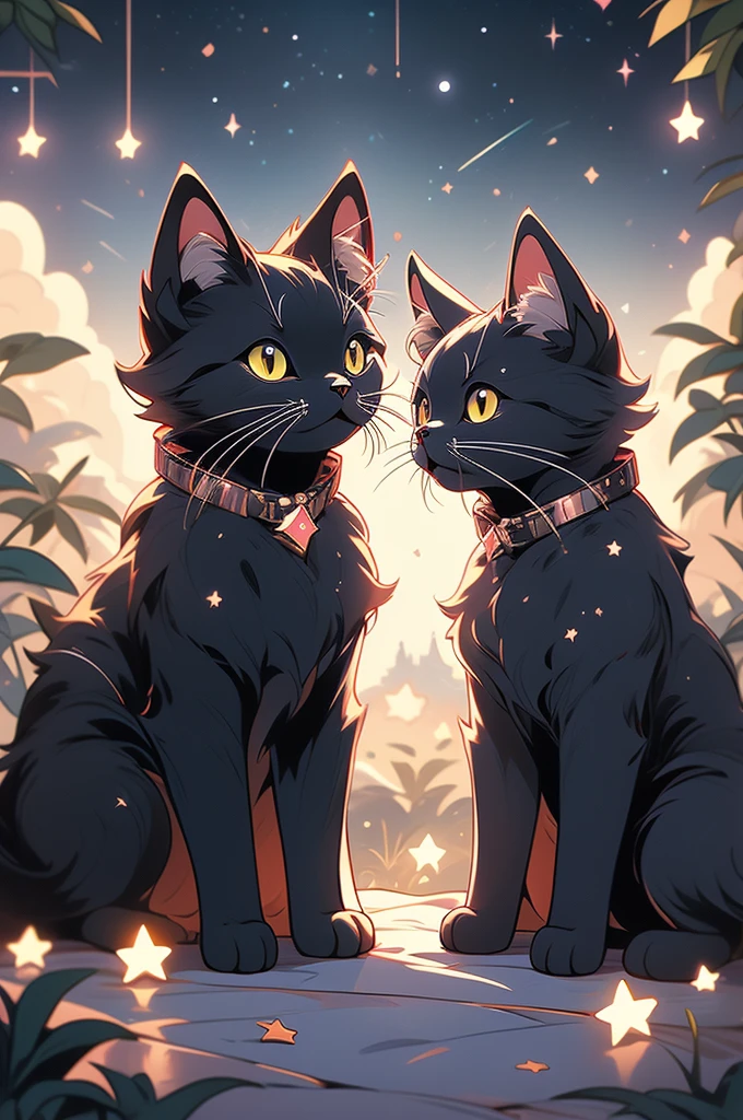 a close up of two cats sitting on a hill under a starr sky, vector art by Kubisi art, tumblr, furry art, black cats, cats cat dreamcats, cat cat dreamcats, stars in her gazing eyes, night starry sky full of cats, ✨🕌🌙, dark and stars in the background, kittens in outer space