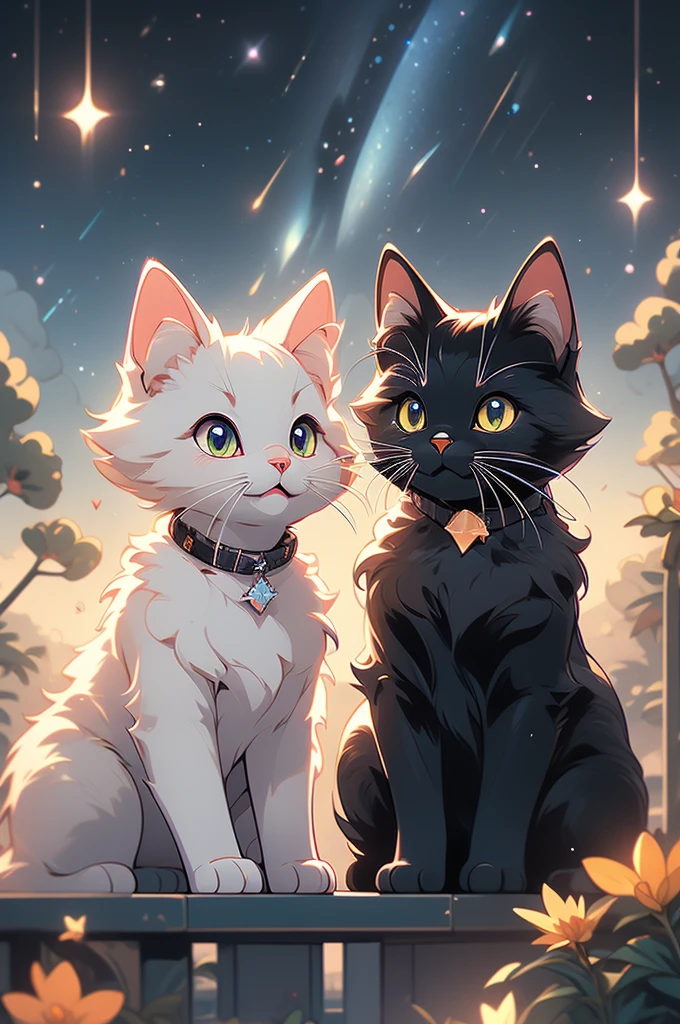a close up of two cats sitting on a hill under a starr sky, vector art by Kubisi art, tumblr, furry art, black cats, cats cat dreamcats, cat cat dreamcats, stars in her gazing eyes, night starry sky full of cats, ✨🕌🌙, dark and stars in the background, kittens in outer space