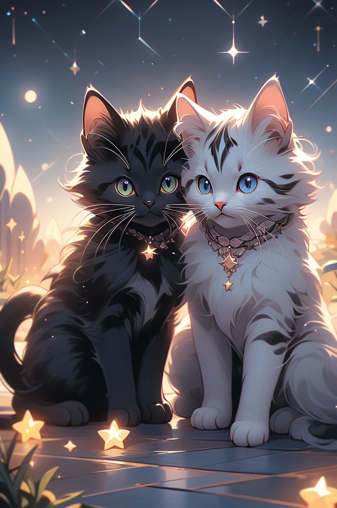 a close up of two cats sitting on a hill under a starr sky, black cats, cats cat dreamcats, cat cat dreamcats, stars in her gazing eyes, night starry sky full of cats, ✨🕌🌙, dark and stars in the background, kittens in outer space, by Kubisi art, by Julia Pishtar, dream animal cute eyes