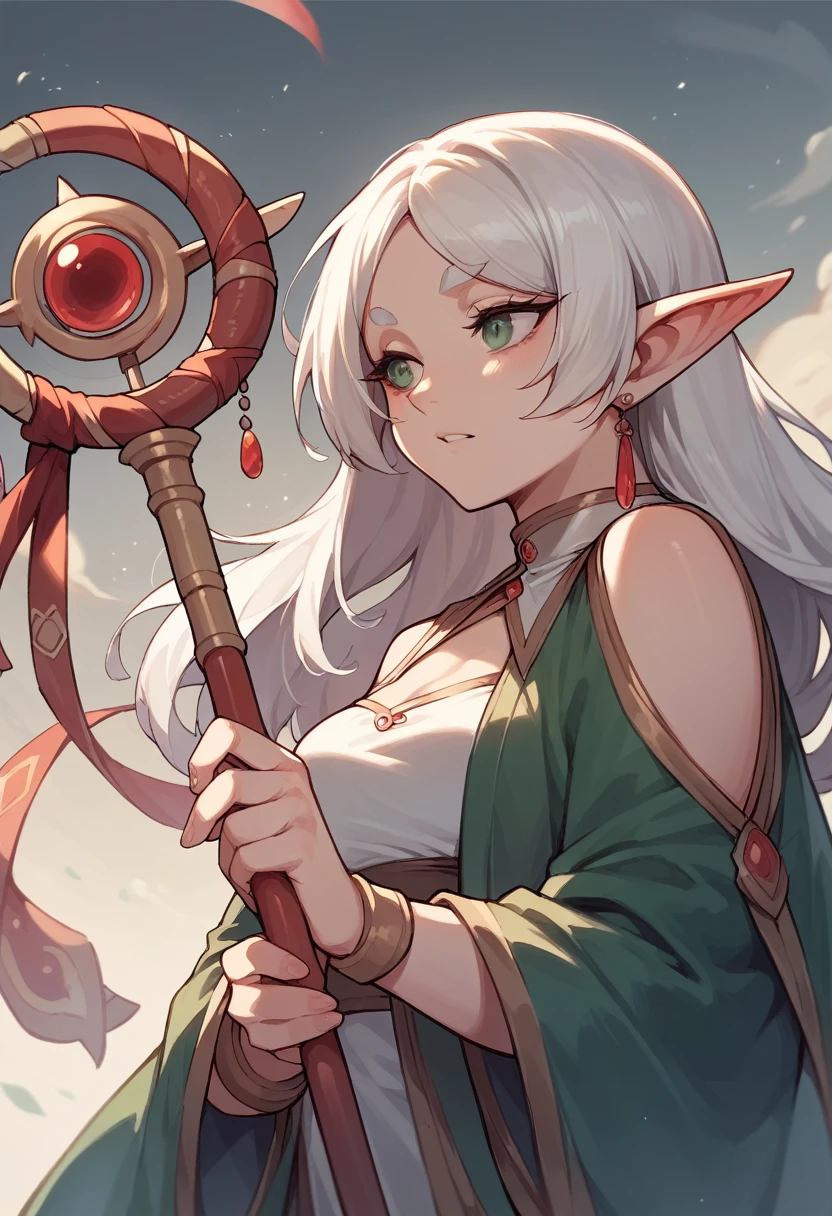 Elf girl white hair, with a magic staff nature background, 