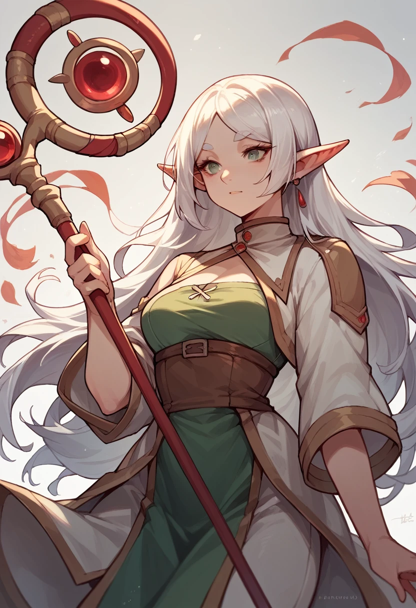 Elf girl white hair, with a magic staff nature background, 