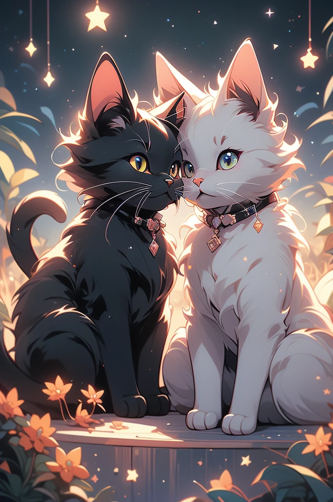 a close up of two cats sitting on a hill under a starr sky, vector art by Kubisi art, tumblr, furry art, black cats, cats cat dreamcats, cat cat dreamcats, stars in her gazing eyes, night starry sky full of cats, ✨🕌🌙, dark and stars in the background, kittens in outer space
