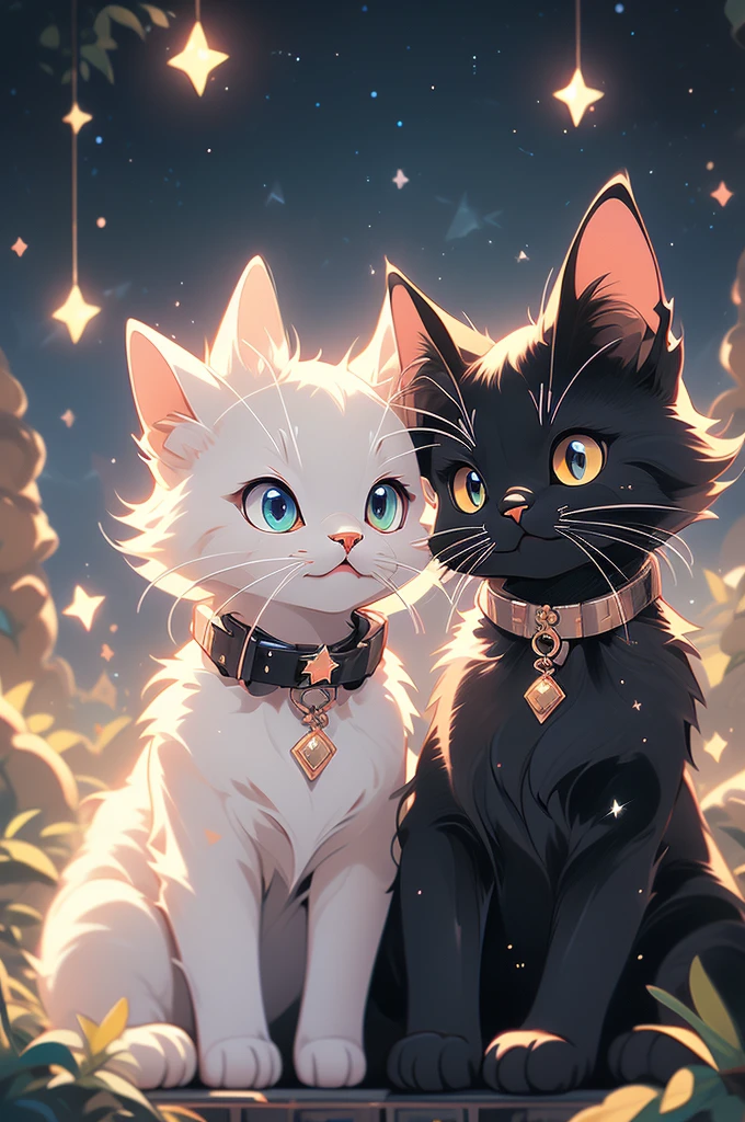 a close up of two cats sitting on a hill under a starr sky, vector art by Kubisi art, tumblr, furry art, black cats, cats cat dreamcats, cat cat dreamcats, stars in her gazing eyes, night starry sky full of cats, ✨🕌🌙, dark and stars in the background, kittens in outer space