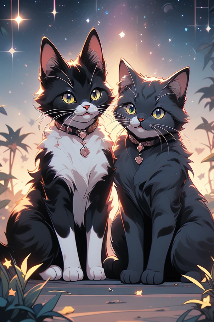 a close up of two cats sitting on a hill under a starr sky, vector art by Kubisi art, tumblr, furry art, black cats, cats cat dreamcats, cat cat dreamcats, stars in her gazing eyes, night starry sky full of cats, ✨🕌🌙, dark and stars in the background, kittens in outer space