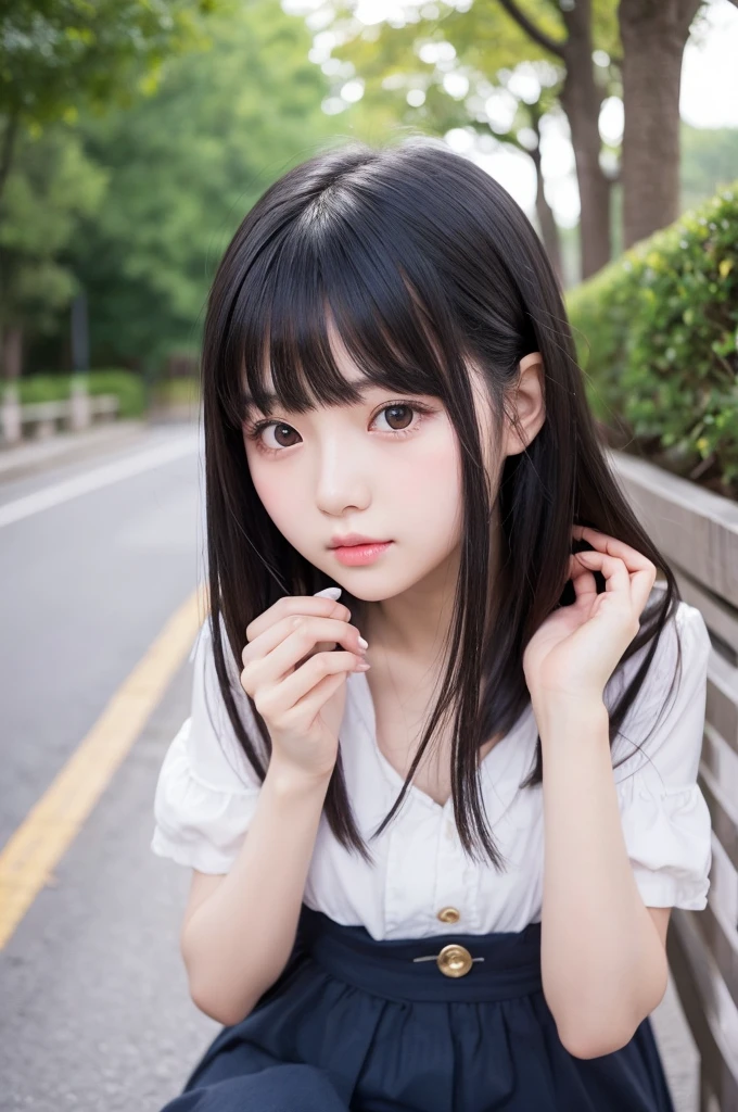 Girl cute beautiful face,Ulzzang, With a cute - lovely - face, A clear and pretty face, She has black hair with bangs, Yoshitomo Nara, Cute natural anime face, Neat hairstyle with bangs, Small heart shaped face, shikamimi