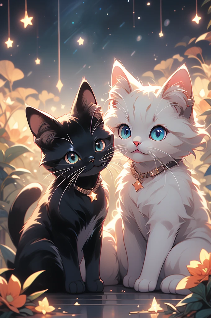 a close up of two cats sitting on a hill under a starr sky, black cats, cats cat dreamcats, cat cat dreamcats, stars in her gazing eyes, night starry sky full of cats, ✨🕌🌙, dark and stars in the background, kittens in outer space, by Kubisi art, by Julia Pishtar, dream animal cute eyes