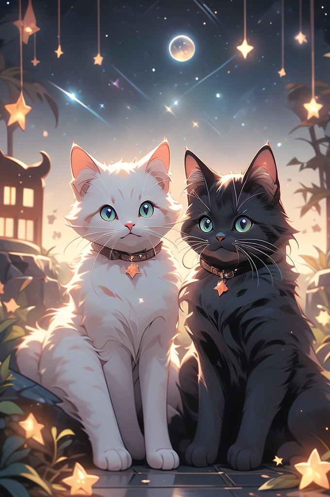 a close up of two cats sitting on a hill under a starr sky, black cats, cats cat dreamcats, cat cat dreamcats, stars in her gazing eyes, night starry sky full of cats, ✨🕌🌙, dark and stars in the background, kittens in outer space, by Kubisi art, by Julia Pishtar, dream animal cute eyes
