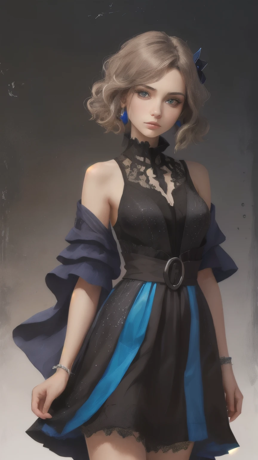 This beautiful woman from the waist up is created by blending professional artistic techniques with the charming simplicity of crayon drawing. Her eyes are expressive and detailed, while surrounding elements such as her disheveled dress and accessories are filled with imaginative crayon-like textures and vibrant colors. Shocking Background