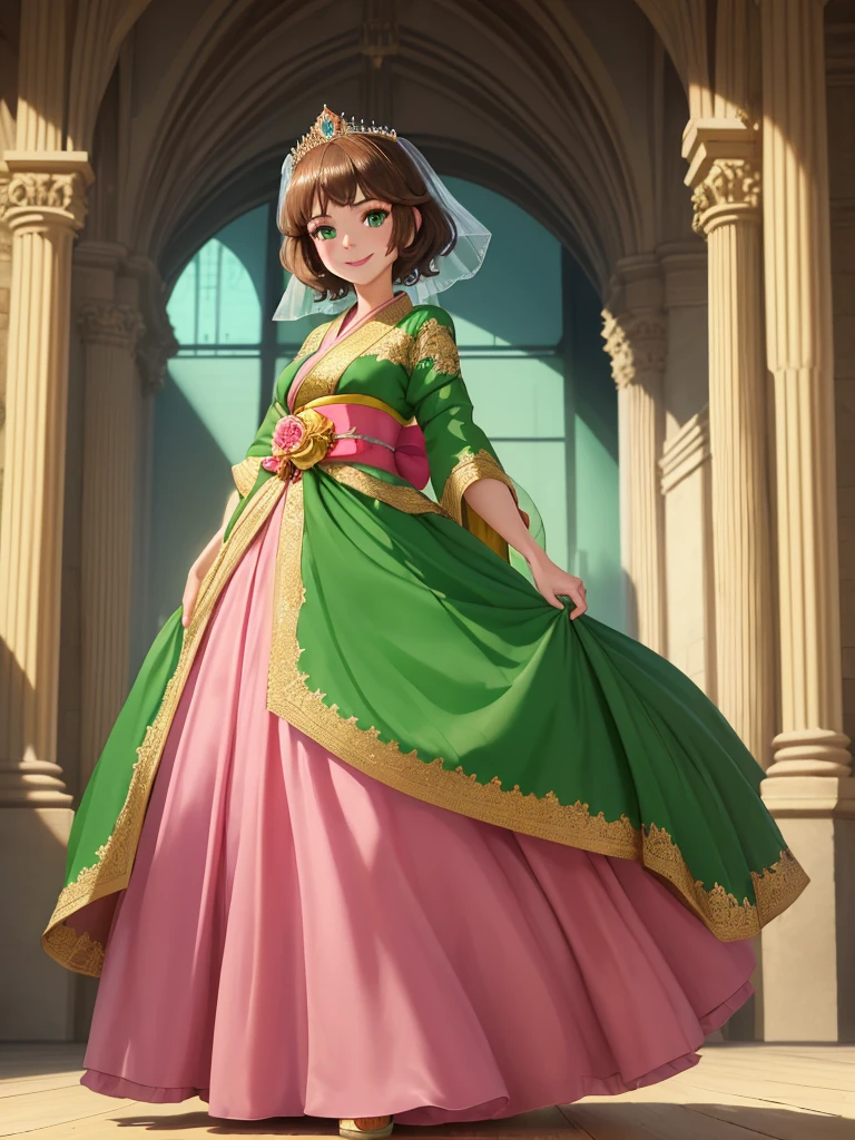 masterpiece, best quality:1.2), 1girl, smile, looking at viewer, green eyes, short brown hair, princess, princess dress, wearing puffy pink ballgown reaching the floor, green kimono, golden tiara with veil, standing in ballroom of medieval castle