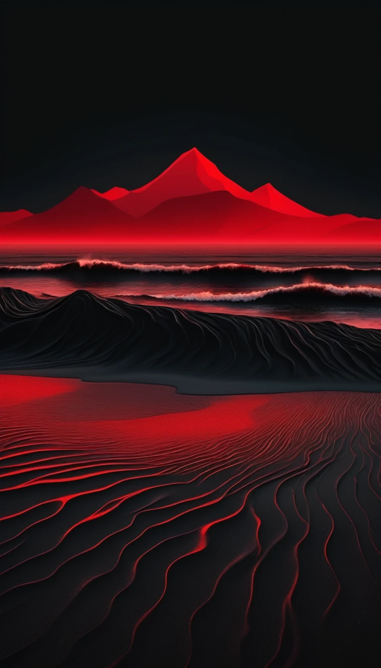 a beautiful detailed black sand beach,dramatic red ocean,minimalist vector landscape,clean stylized flat art,high contrast,masterpiece,best quality,8k,photorealistic,intricate details,seamless,stunning colors,dramatic lighting