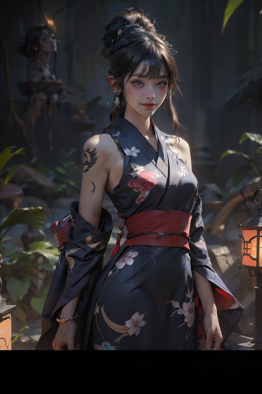 1 beautiful and seductive female devil, In the Dark: 1.6), surreal female portrait by David Hockney and Alphonse Mucha, fantasy art, korea doll, Photorealism, dynamic lighting, artstation, posters, volumetric lighting, very detailed faces, 32k ultra, all body, Awarded, in the dark, deep shadow, low key, cowboy lens, (japanese kimono dress: 1.4), long hair, brown colored hair, bust, luxurious palace, Royal style, devil  crown, The most beautiful face, small breasts, Super realistic, japanese women's clothing thin yukata, Guweiz, devil style, loong, forehead mark, upper body, 2 bangs braided hair,Devil tattoo on shoulder,Slim figure,Leaner figure,Slim legs and hips,Awesome expression,Behind the smile lies a heart full of terrible, cruel emotions.,Hairstyles that go well with Japanese kimonos,Pull the hair up behind the ears and leave some loose hair.,The uniform color is the traditional indigo blue.,Exposing the shoulders and exuding a seductive feminine charm,Tie your hair up,Kimono with indigo or deep ultramarine coloring,Small, inconspicuous tattoos,