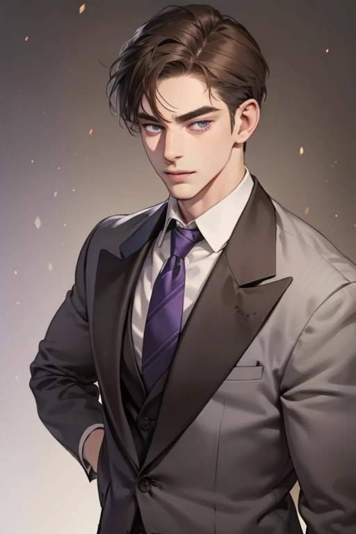 masterpiece, best quality, realistic, 1man, mature male, quiet and charming man, 35 year old, serious look, closed mouth, portrait, extremely detailed face, cold smile, ((dark grey  purple eyes), ((short-right-swept dark brown hair)), [thick eyebrows], ((suit)), handsome, full body, western, Jewish, light brown skin,