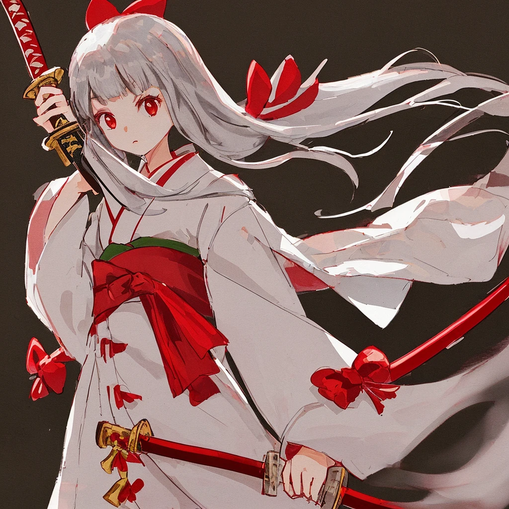 , White kimono with red bow, holding a katana, dark brown long hair,
