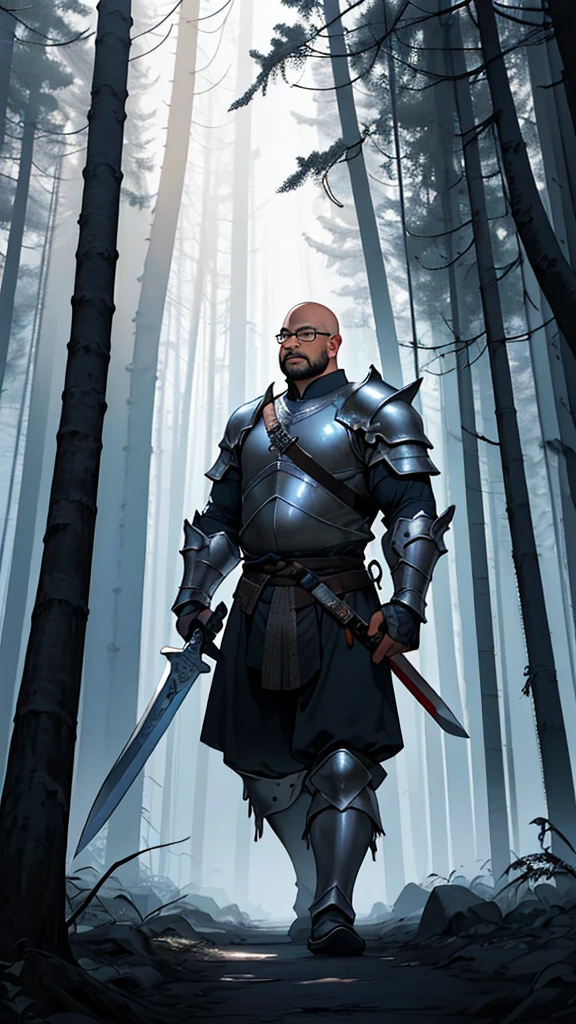 A bald head obese Indonesian man with glasses and clean face, walks through a dark forest with dramatic lighting. Wearing full armor medieval age warrior attire and carrying a big sword, he is ready to confront enemies. This photo captivates with its blend of culture and fantasy, creating a compelling epic atmosphere.