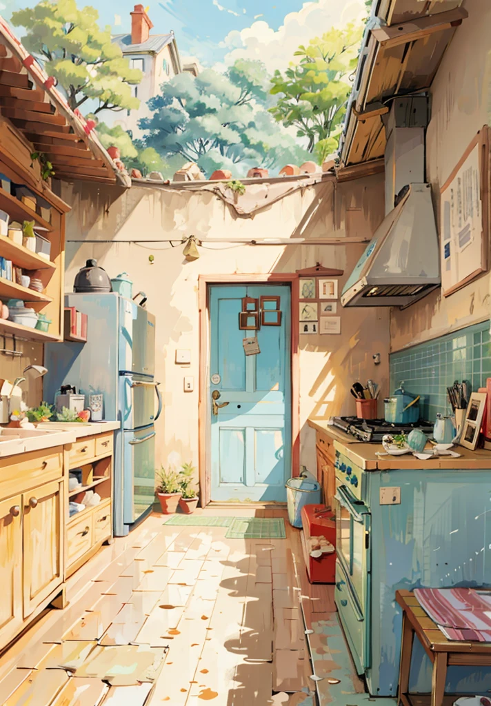 There is a picture of a kitchen with a blue door., Anime Background Art, Kitchen on a sunny day, 古いKitchen Background, Anime Background, Studio Ghibli Nikko, Studio Ghibli style, Ghibli Studio Environment, 古いKitchen Background angled view, studio Ghibli art style, Anime scenery concept art, Studio Ghibli aesthetics, Kitchen Background, Ghibli art style, studio Ghibli art style