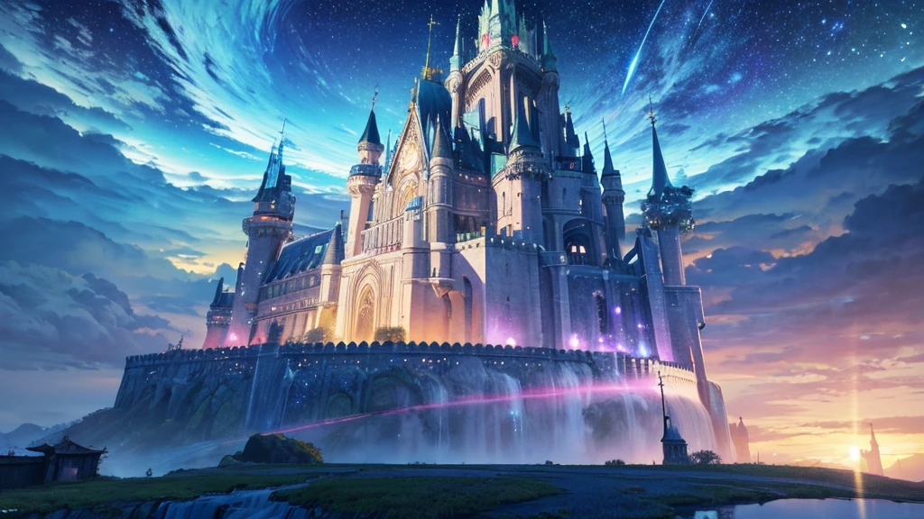 High quality, ((3D anime-style artwork depicting a fantastical sky city landscape)). A sparkling crystal-like castle is at the center, floating in the vast sky. The castle is decorated with emerald and gold colors, and clouds and light particles are floating around it. The background depicts a starry sky and twilight with soft sunlight. Lush floating islands are dotted around the castle, and you can see flowing streams and waterfalls. The overall color scheme is pastel, creating a peaceful and mysterious atmosphere.