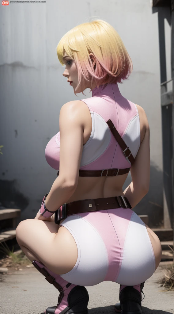 gwenpool, 1girl, blonde hair, multicolored hair, solo, blue eyes, short hair, gradient hair, belt, two-tone hair, pink hair, breasts. Bending over, squatting, back view, nice butt